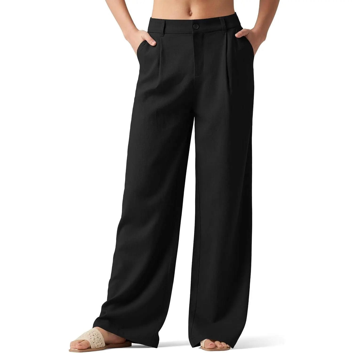 Women's Linen Pants Wide Leg Work Dress Pants Casual Slacks Business Pants with Pockets