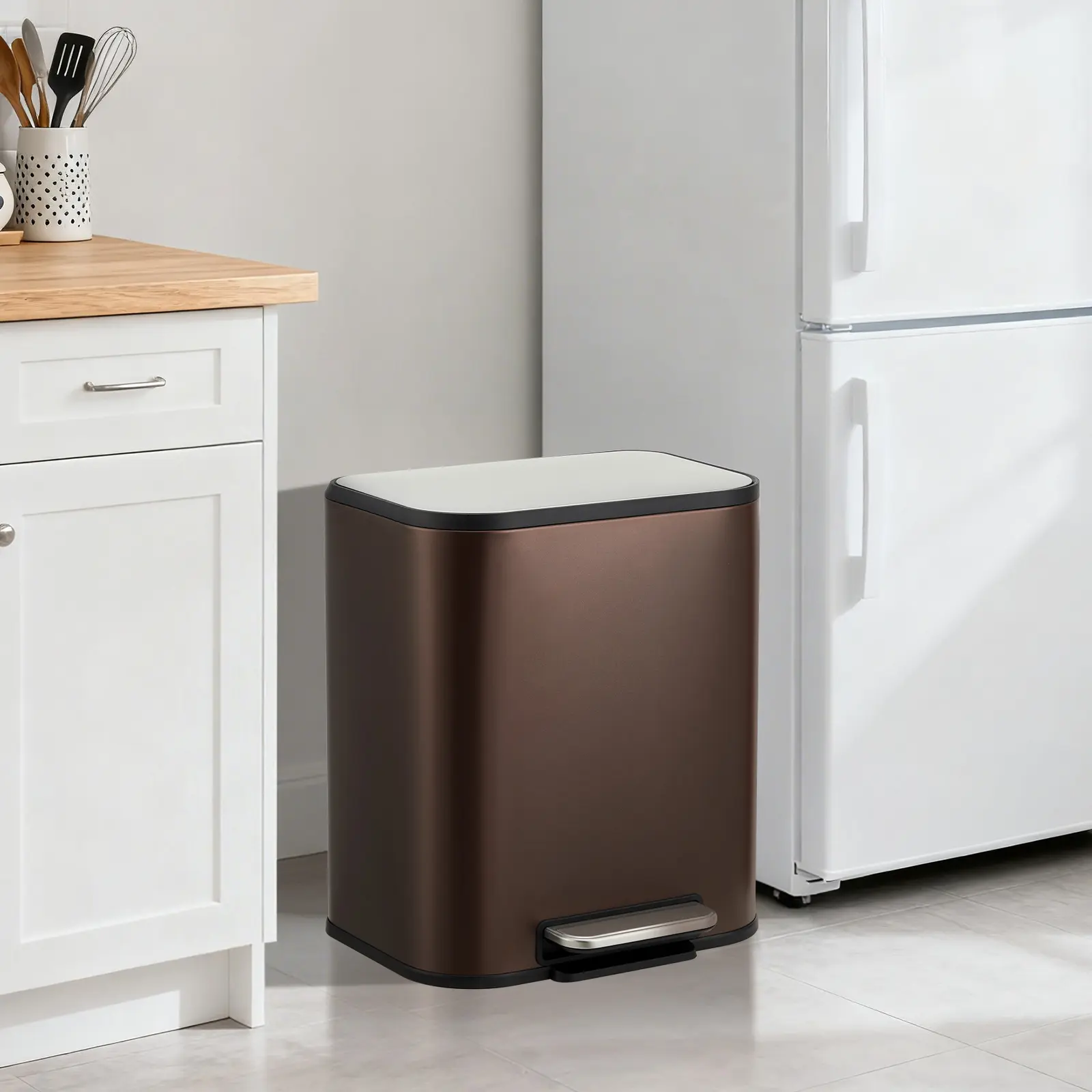 Stainless Steel Kitchen Trash Can 5.2 Gallon (20L) - Soft-Close Lid, Foot Pedal & Removable Inner Basket, Rectangular Step Bin for Office, Bedroom, Bathroom