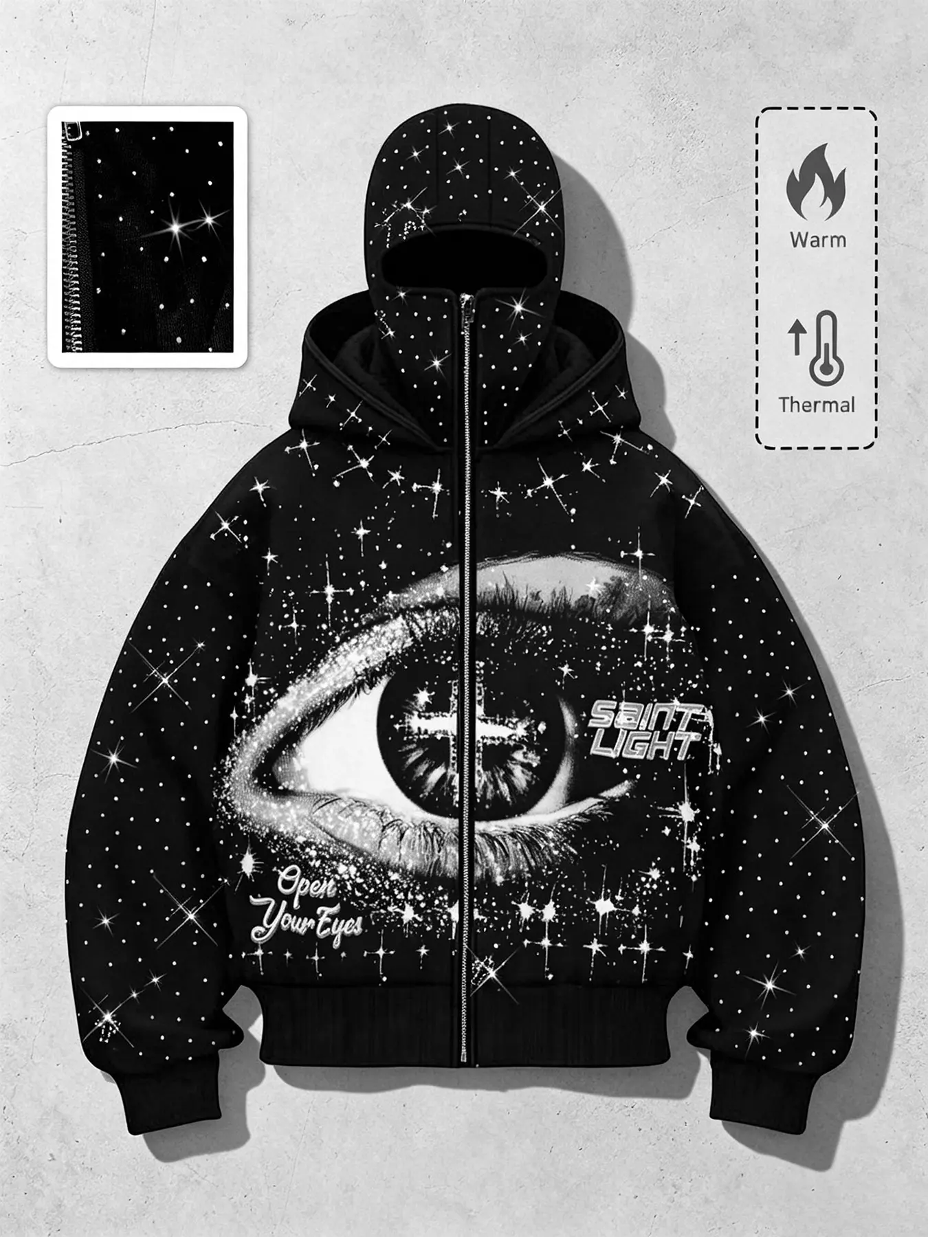 Full Drill Starry Big Eye Print Dual Hat Sweatshirt, Fleece Lined Warm American Dark High Street Zipper Hooded Jacket, Fall & Winter Top