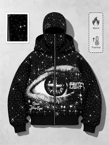 Full Drill Starry Big Eye Print Dual Hat Sweatshirt, Fleece Lined Warm American Dark High Street Zipper Hooded Jacket, Fall & Winter Top