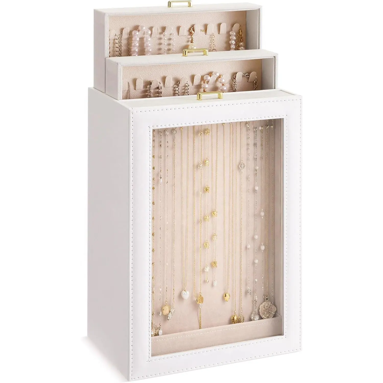 3 Layer Vertical Necklace Holder Organizer Box 12.6" x 7.9" x 5", 30 Hooks PU Necklace Storage Box with Clear Lid Necklaces Display Case for Jewelry Organizer Storage Women Gift(White)