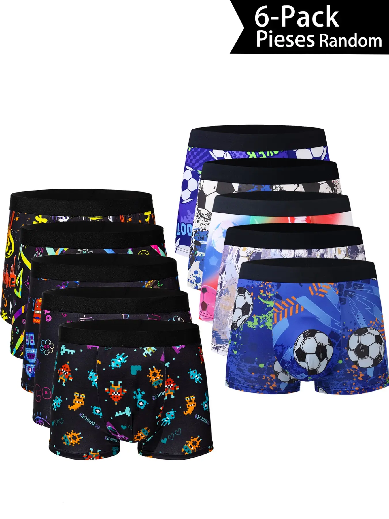 6-Pack Pixel Monster Football Print Men's Boxer Briefs, Trendy Multicolor Geometric Patterns, Soft Skin-Friendly Casual Trunks