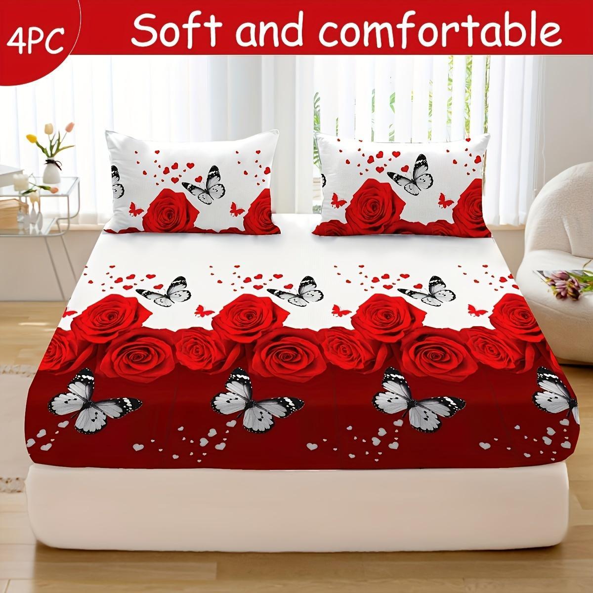 Rose & Butterfly Pattern Bedding Set, Including 1 Fitted Sheet & 1 Flat Sheet & 2 Pillowcases (No Pillow Inserts), Bedding Supplies for Home Bedroom Hotel
