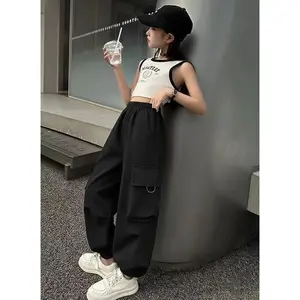 Girls Baggy Cargo Pants Black and Army Green - Fashion Elastic High Waist Joggers for Spring Fall with Pockets and Wide Leg, Hiking or Casual Wear