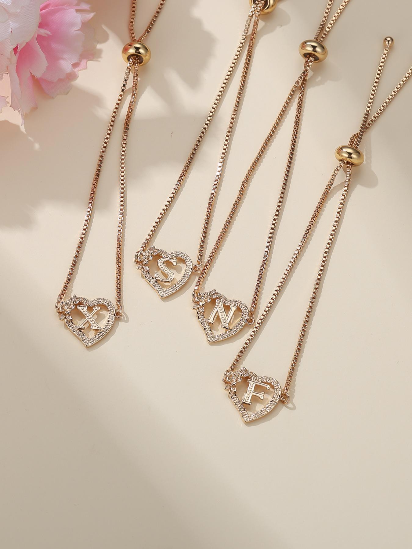 Women's Elegant Heart Design Initial Letter Charm Bracelet, Heart Shaped Bracelet, Exquisite Trendy Bracelet, Letter Link Bracelet for Women & Girls As Gift, Elegant Jewelry Bracelet