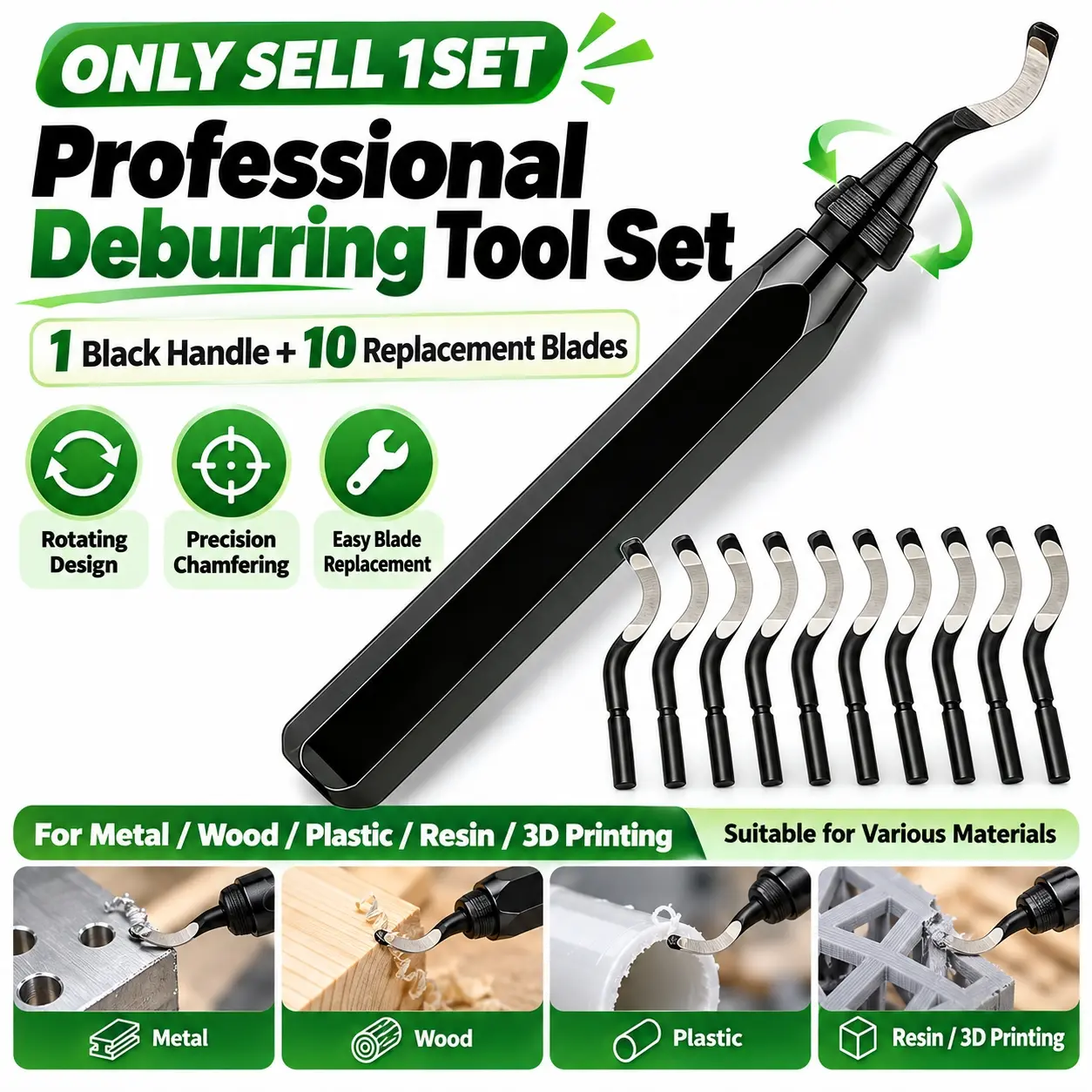 1 set of professional deburring and trimming tools, including 10 replacement pieces and a handle, featuring a rotatable design and precise chamfering, suitable for metal/resin/aluminum/copper/plastic/3D printing materials.