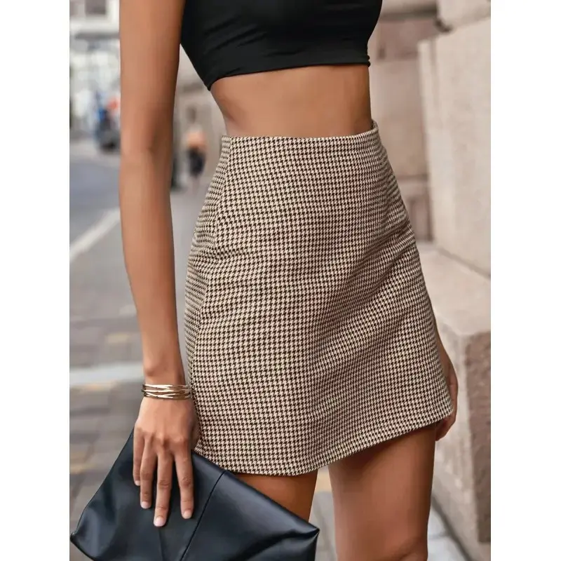 Zip Back Houndstooth Skirt Bottoms Fabric
