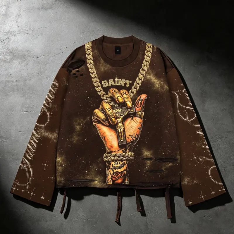 Saint Retro Tattoo Gold Hand Cross Short Crew Neck Oversized Sweatshirt for Men, Unisex Style, Y2K American Distressed Ripped Hem, Cut-Out Print, Men's Long Sleeve Pullover Sweatshirt, Spring/Autumn Religious Portrait Sweatshirt, Street Style