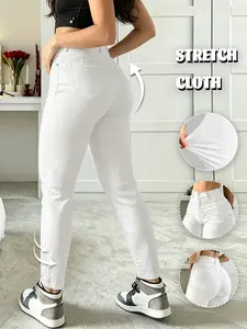 GILIPUR Women's White High Waist Stretch Skinny Jeans, Butt Lifting Form-Fitting Pencil Pants, Slimming Solid White Denim Trousers