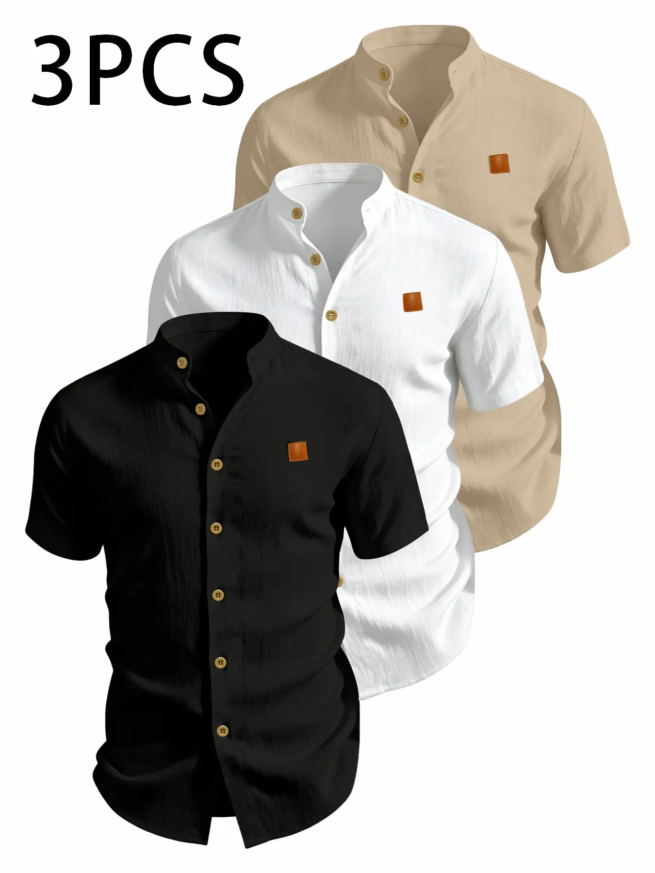Men's 3 Pcs Plus-Size Summer Breathable Short-Sleeve Button Front Shirts, Lightweight Solid-Color Button-Up Casual Tropical Shirt Tops with Stand Collar for Beach, Vacation and Outdoor