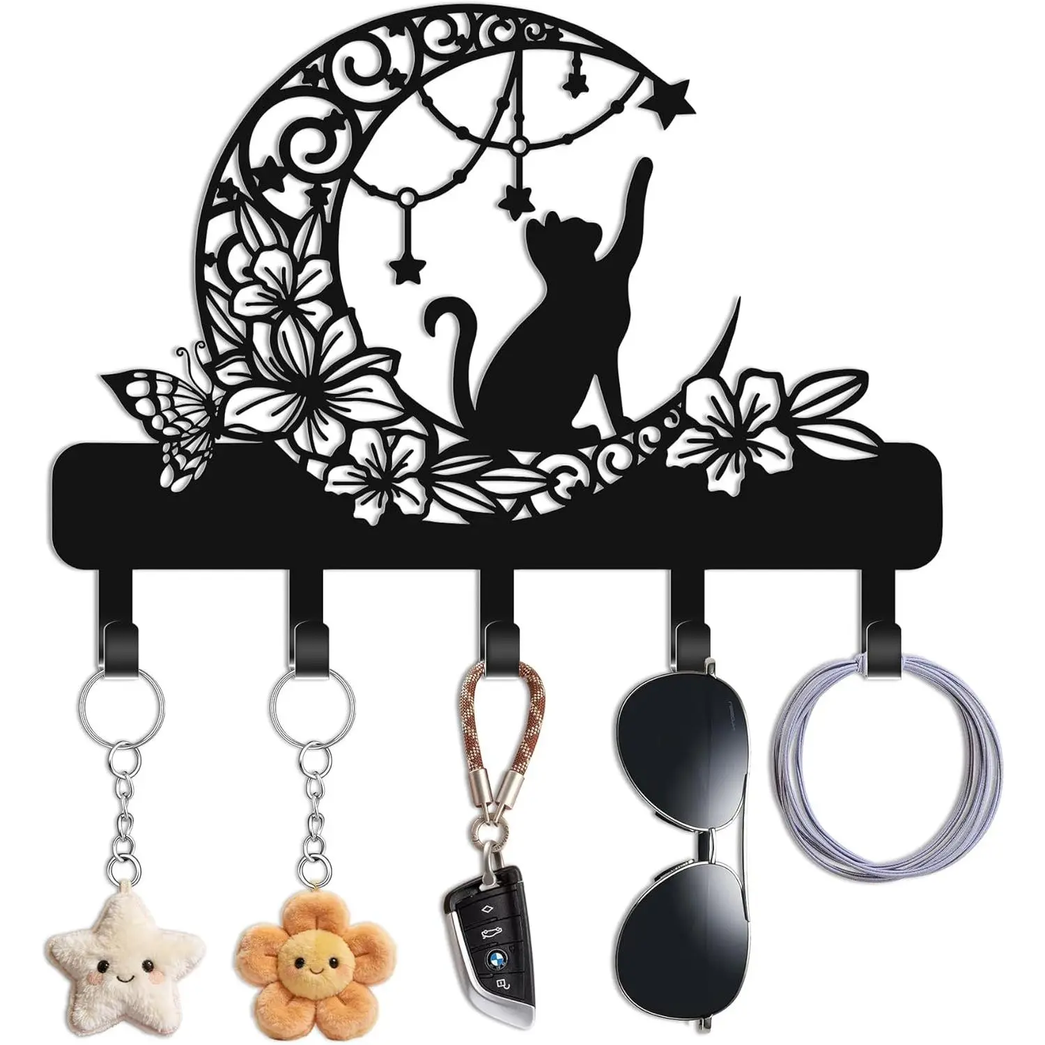 Cat Key Holder for Wall, Cat on Moon Entryway Decorative Key Hooks| Cat with floral moon & star design, 6 hooks 13.4" x 9.5", for keys, entryway, cute storage & wall decor gift.