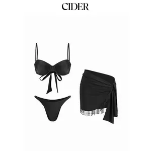 Cider Sweetheart Underwire  3-Piece Bikini Set With Fringe Sarong