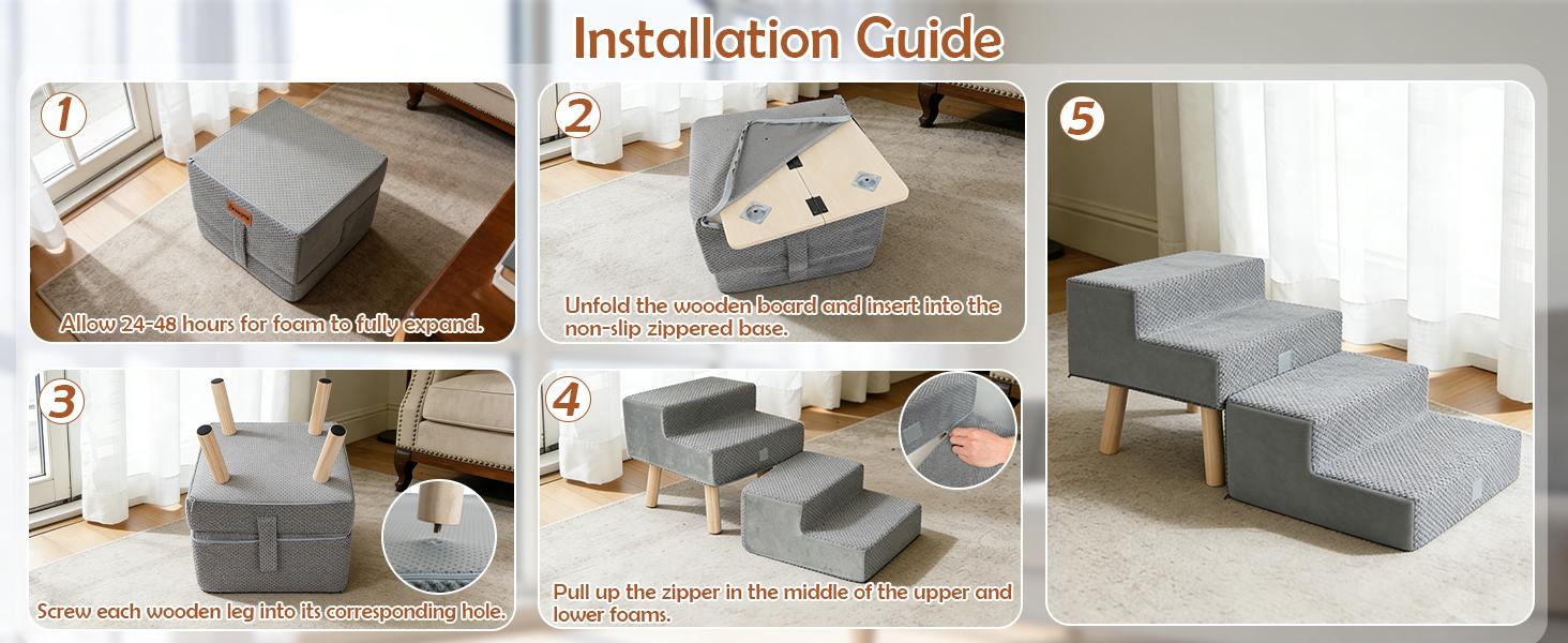 Dog Stairs for Small Dogs and Cats, 4-Step Dog Ramp for Couch and Bed, Foldable 2-in-1 Wooden Pet Steps for Puppy, Split Ottoman Design, Beige