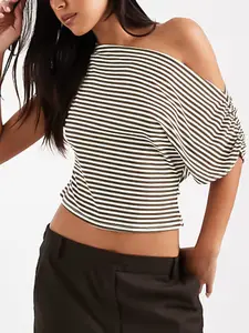 1pc Women's Striped Asymmetrical Off-Shoulder Crop Top , Soft Jersey Fabric & Asymmetrical Neckline & Cropped Hem, Great for Casual Outings/Evening Meetups/Street Fashion Looks/Party Outfits