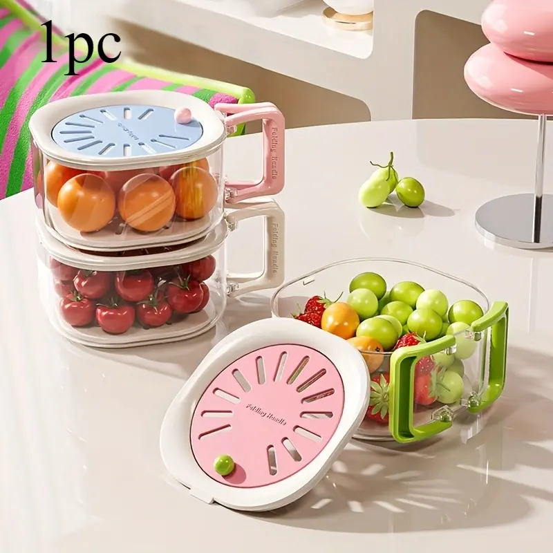 2-in-1 Double-Layer Drain Basket, Foldable Handle Fruit Drainer Container, Fruit and Vegetable Washing Bowl, Multi-Functional Food Strainer, Refrigerator Fresh-Keeping Basket, Thickened Fruit Plate, Suitable for Kitchen, Fridge, Camping, and Picnic