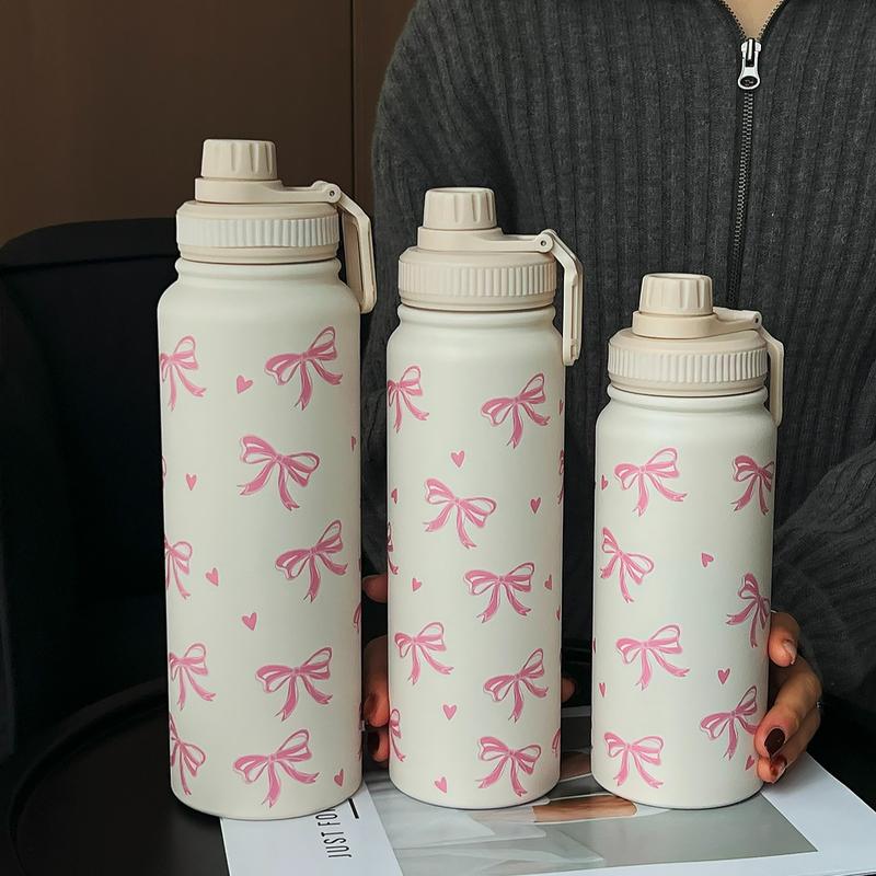 Bow Pattern Stainless Steel Vacuum Flask, 1 Count Portable Large Capacity Water Bottle, Summer Cool Bottle Drinking Cup for Home Office Outdoor Sports, Drinkware, Vacuum Insulated Flask, Stainless Steel Tumbler