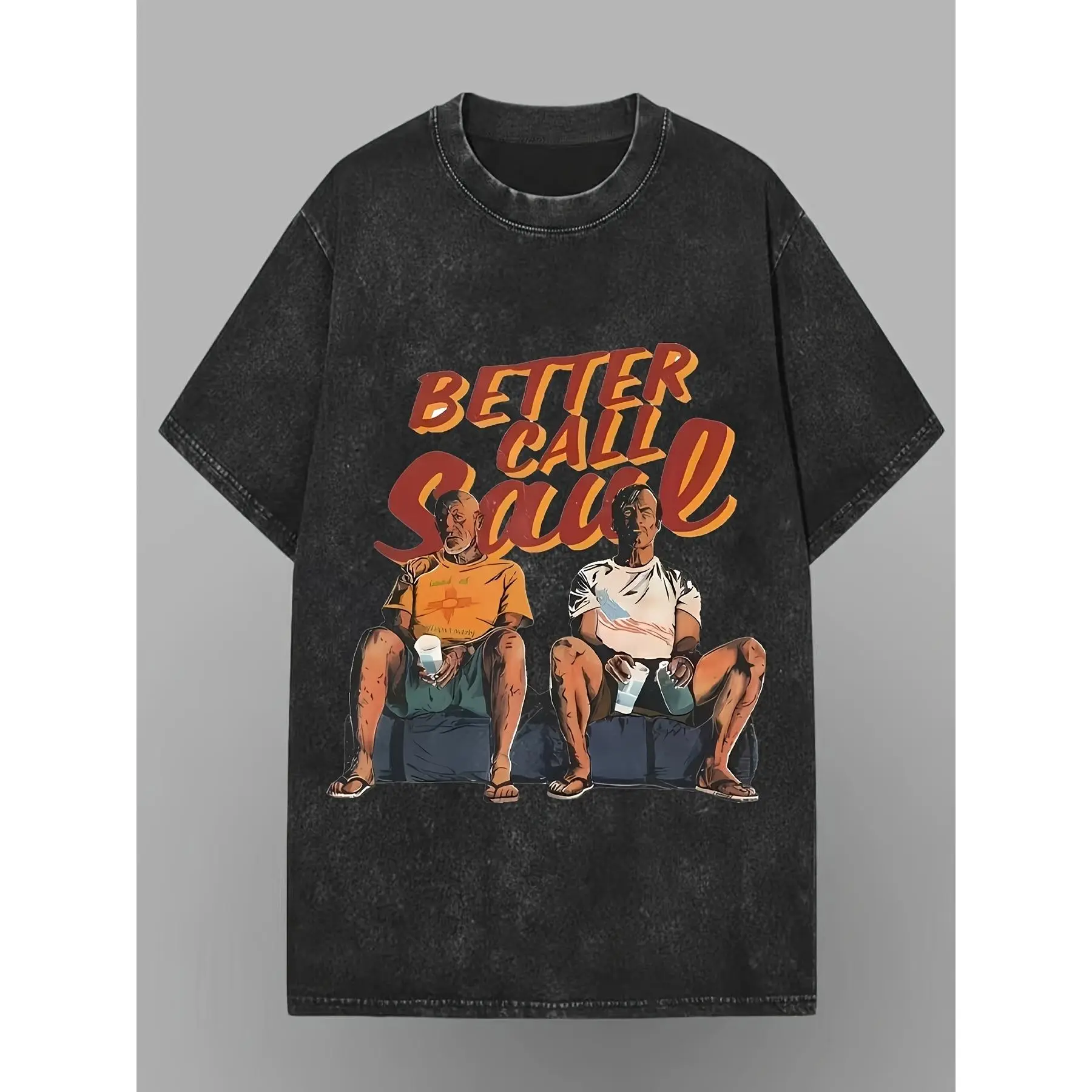 Vintage Washed Crew Neck Short Sleeve Tee, Better Call Saul Mike & Jimmy Retro TV Show Cartoon Character Colorful Script Graphic Slight Stretch Oversized Casual Streetwear Unisex Drama Fan Daily Tops
