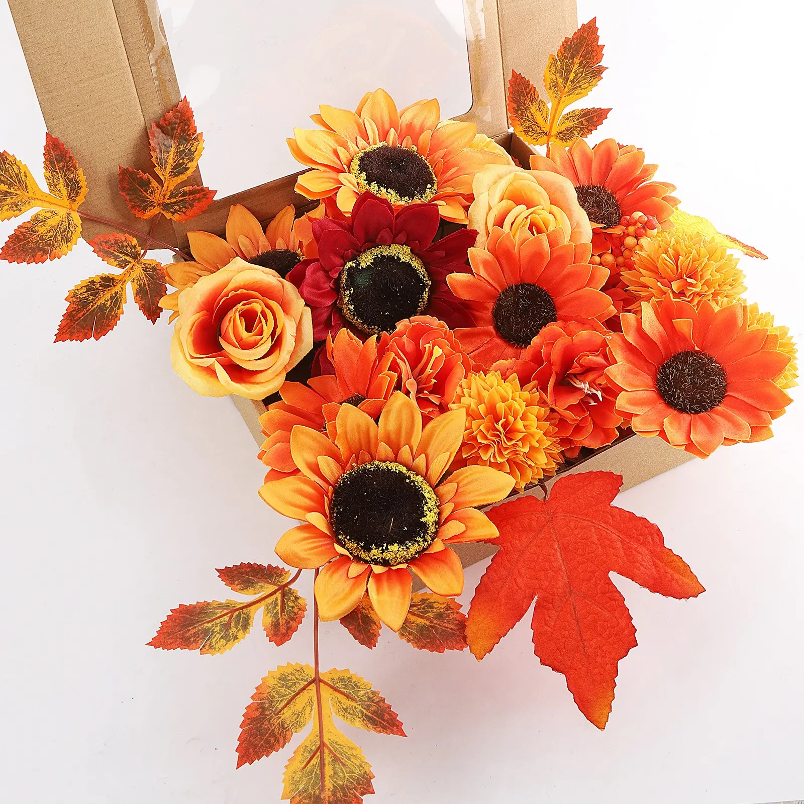 26pcs Autumn Floral Box, Sunflower Maple Rose Berry Artificial Flowers, Fall Atmosphere Bouquet, Thanksgiving Harvest Decoration