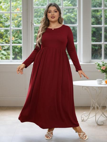 Women's Round Neck Stretchy Casual Long Plus Size Dress, Perfect for Bridesmaids, Vintage Style Wedding & Party Wear, Comfortable Fabric
