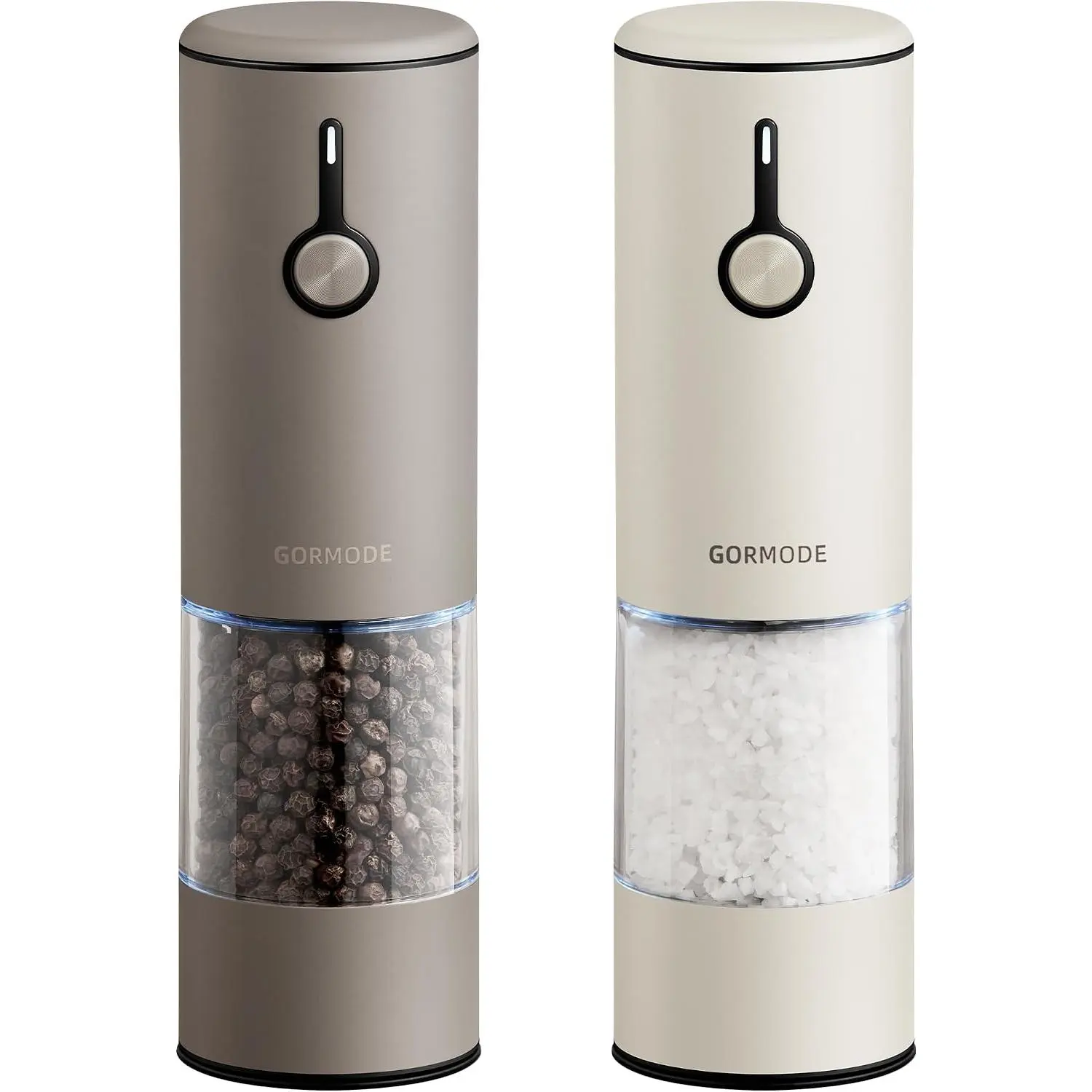 2-Pack Greige & Buttercream Modern Stainless Steel Rechargeable Electric Salt and Pepper Mills - USB-Powered, Adjustable Coarseness, LED Light, Dust Cover, Ceramic Grinders, Synthetic Components, Indoor Kitchen Seasoning Utensils (2-Piece Set)