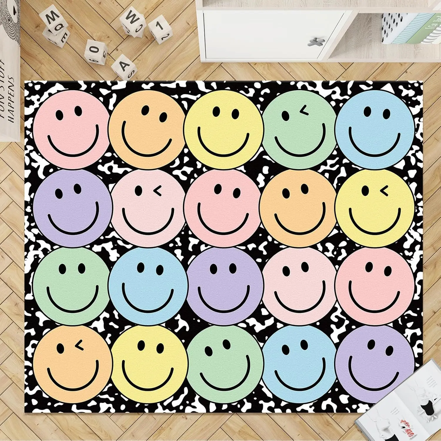 JarThenaAMCS 3.3 x 4 Ft Smile Face Area Rug Large Emotion Mat Colorful Composition Non-Slip Soft Fluffy Mental Health Floor Carpet for Back to School Living Bedroom Playroom