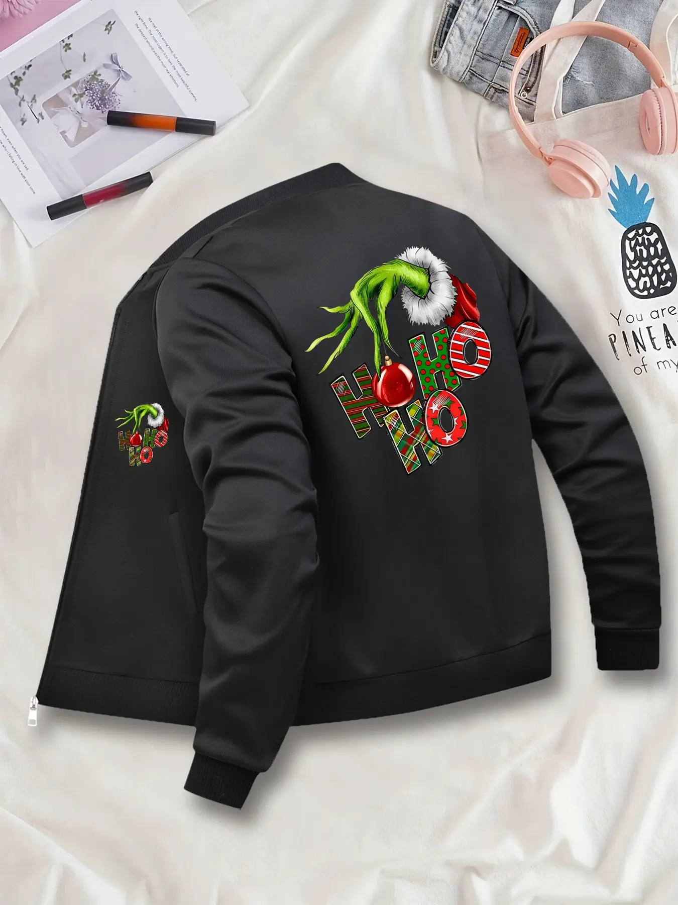 Christmas Print Long Sleeve Jacket, Women's Zipper Coat, Casual Daily Wear, Comfortable Fashion Design, Ideal Gift