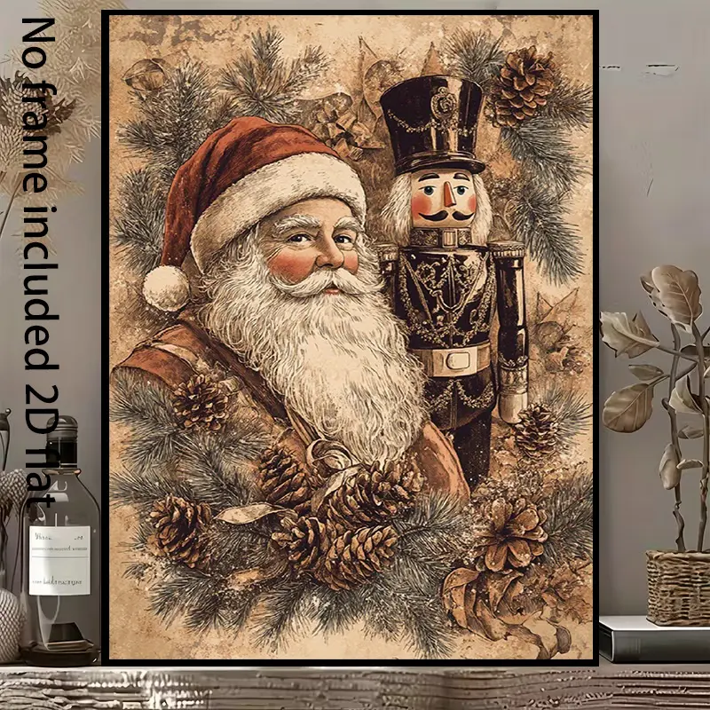 2D Flat, [2D Flat] 1pc Decorative Canvas Art - Vintage Santa Claus and Nutcracker Canvas Painting, Surrounded by Pine Cones and Pine Branches, a Festive Art Decoration.Canvas Art, 2D Flat