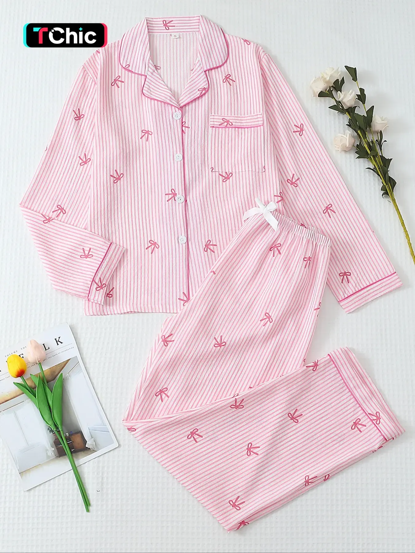 Women's Striped Bow Dot Print Long Sleeve Pajama Set Loungewear Nightwear, Sweet Cute Button Front Top and Pants, Casual Home Wear for All Seasons, Matching Pj Set Pajamas