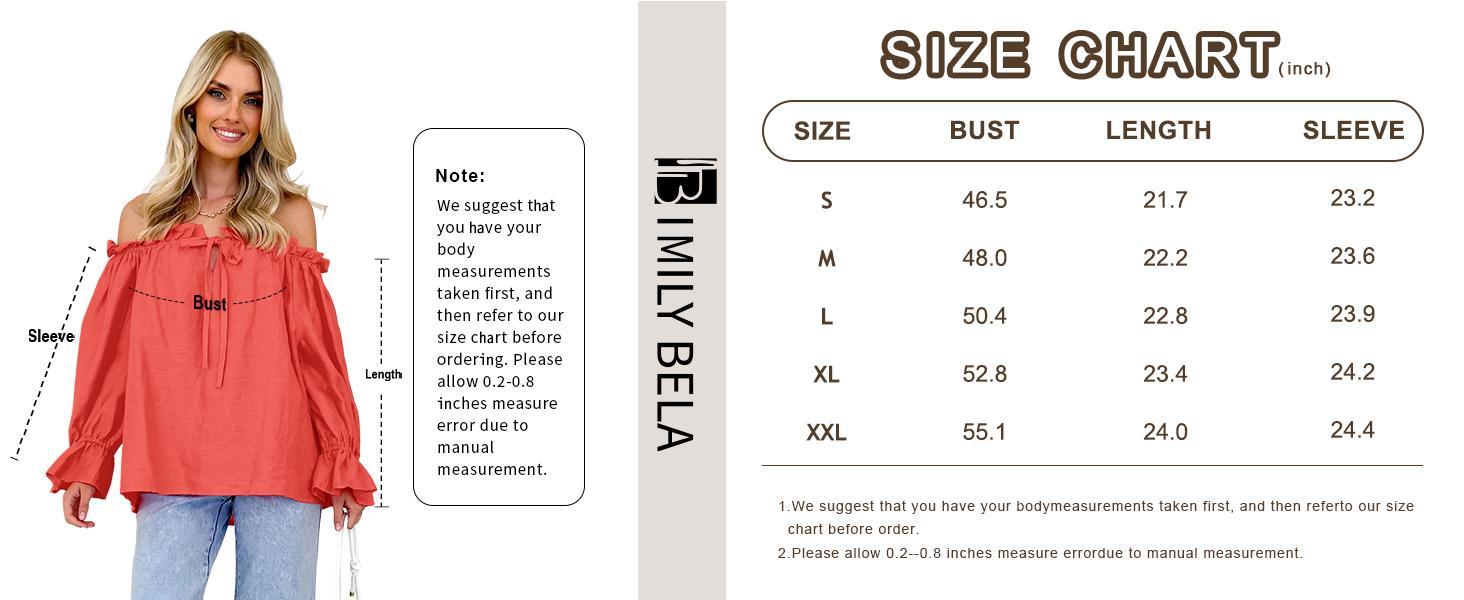 Imily Bela Womens Off The Shoulder Tops Puff Long Sleeve Tie Front Loose Fit Ruffle Shirts Blouses