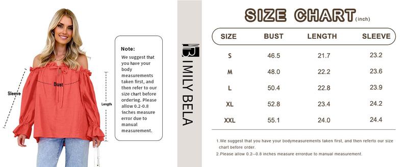 Imily Bela Womens Off The Shoulder Tops Puff Long Sleeve Tie Front Loose Fit Ruffle Shirts Blouses