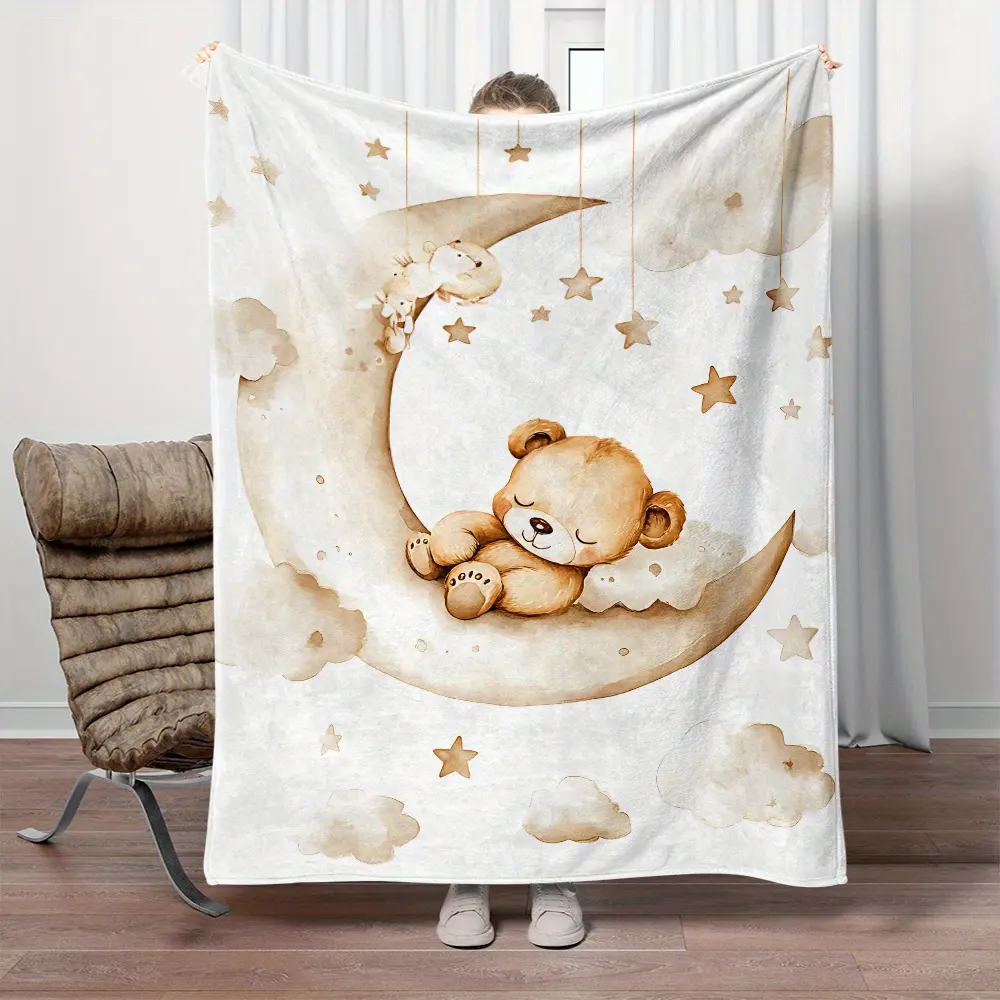 Cute Animal Flannel Throw Blanket, Forest Squirrel, Fluffy Kitten & Sleeping Bear on Moon Print Soft Warm All Season Throw Blanket, Lightweight Flannel Blanket for Sofa, Bedroom, Nursery, Perfect Lovely Gift for Animal Lovers & Kids