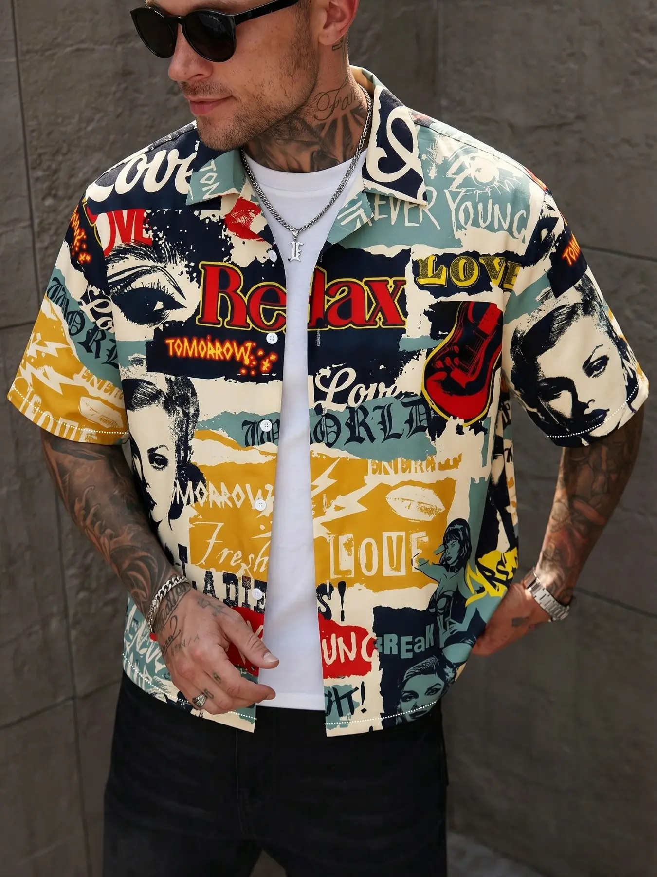 Unisex Retro Graffiti Print Short Sleeve Button-Down Shirt, Loose Fit Hawaiian Style Casual Printed Top, Ideal for Vacation & Daily Wear