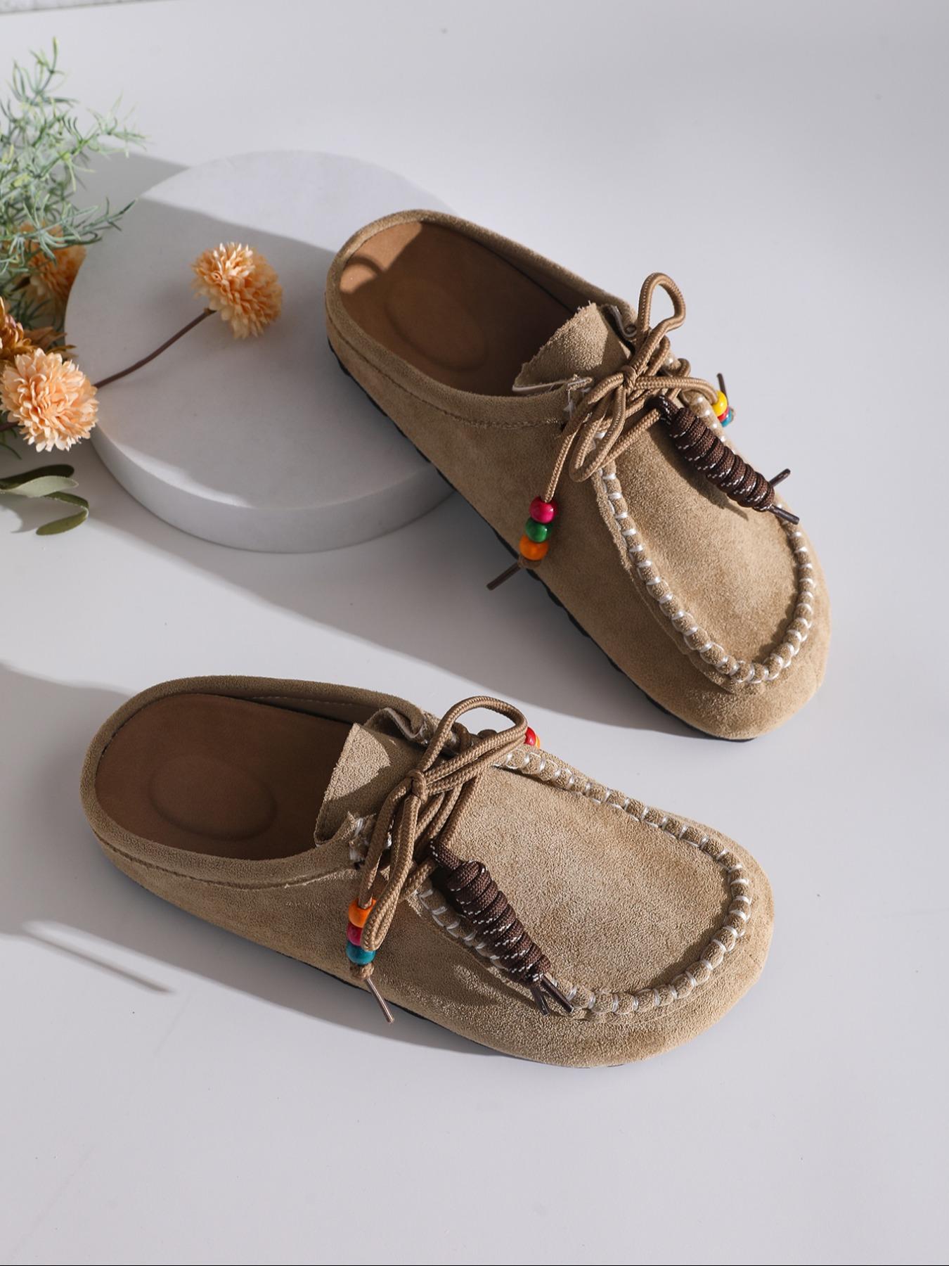 2025 New Women's Round-Toe Cork suede Clog Mules –Boho Beaded Suede Tassel Mules – Women’s Vintage Slip-On Clogs with Arch Support, Soft Cork Sole, and Colorful Beads – Cozy Fall Flats for Walking & Home Foot Clogs