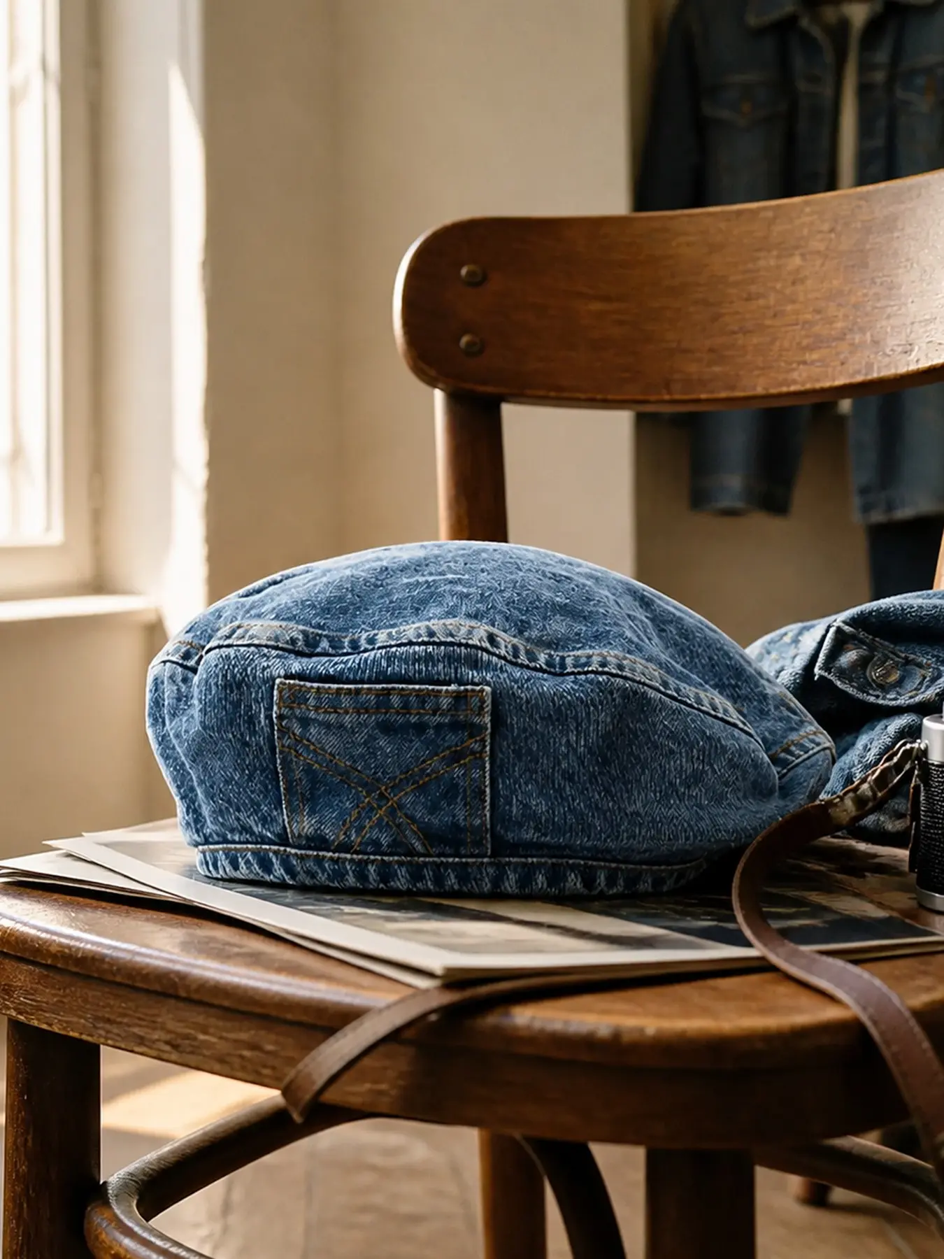 Vintage Washed Denim Loose Beret Hat, Side Pocket Stitch Design, Streetwear Y2K Distressed Painter Hat, Daily Wear Fashion Accessory