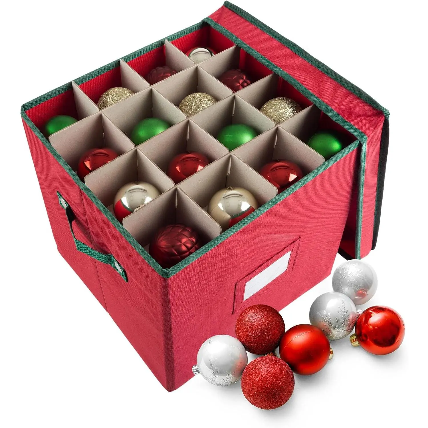 Christmas Decor Storage Box - Red Oxford Canvas Ornament Cube Chest With 64 Compartment Dividers, Riveted Handles, and Lid