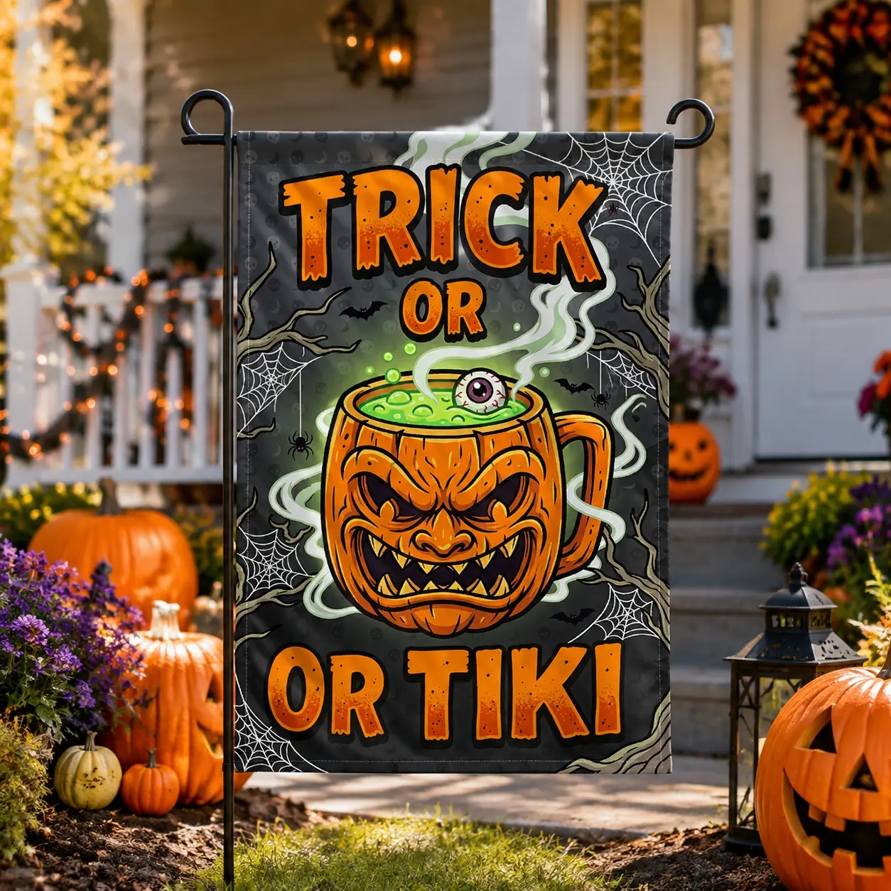 1pc Pumpkin Mug Trick or Tiki Garden Flag, Spooky Halloween Style, Evil Jack-O-Lantern Mug with Eyeball and Green Potion Graphic, for Outdoor Patio Yard Lawn and Halloween Decor