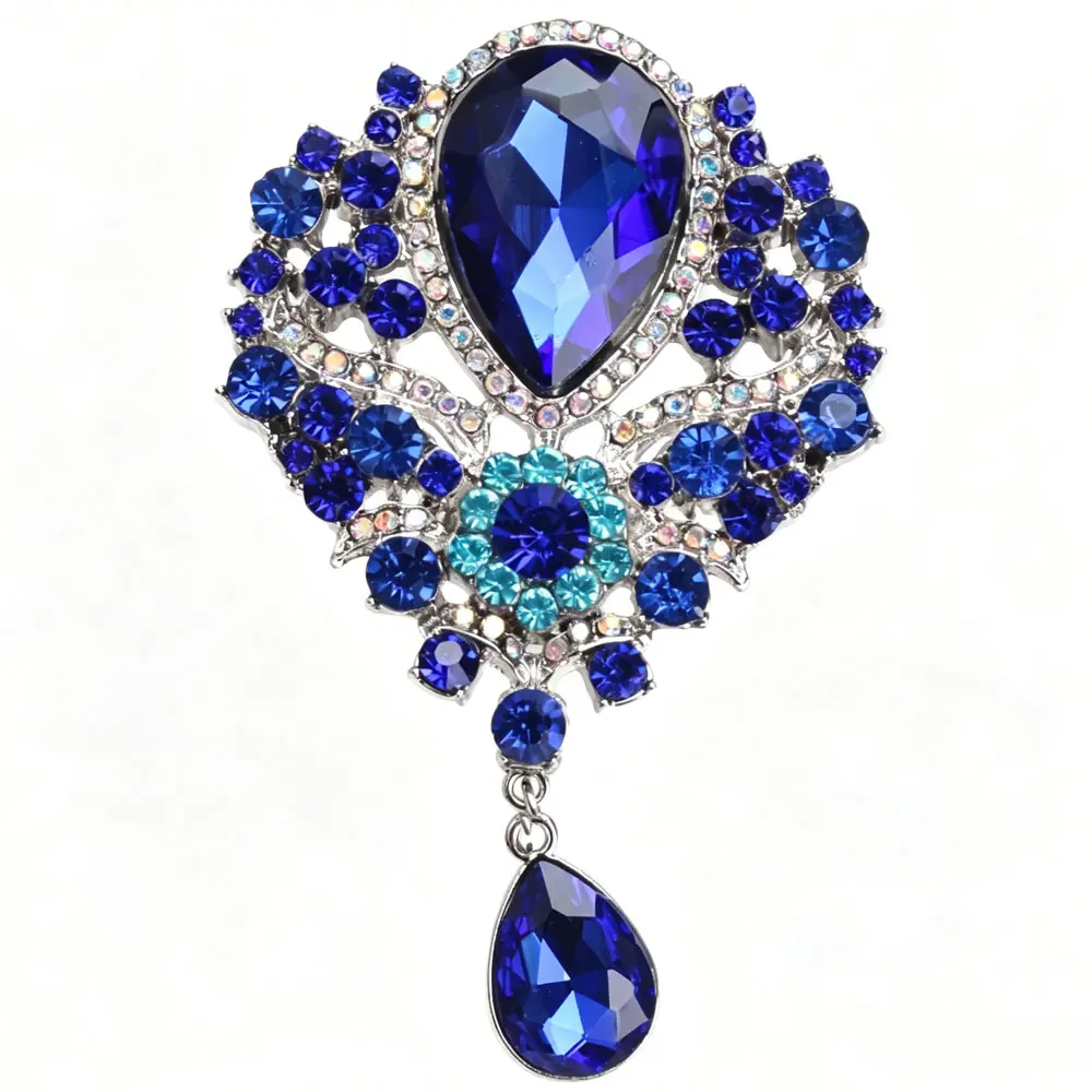 Luxury Blue Crystal Brooch Teardrop Pendant Featuring Multi Shades of Blue Turquoise Rhinestones