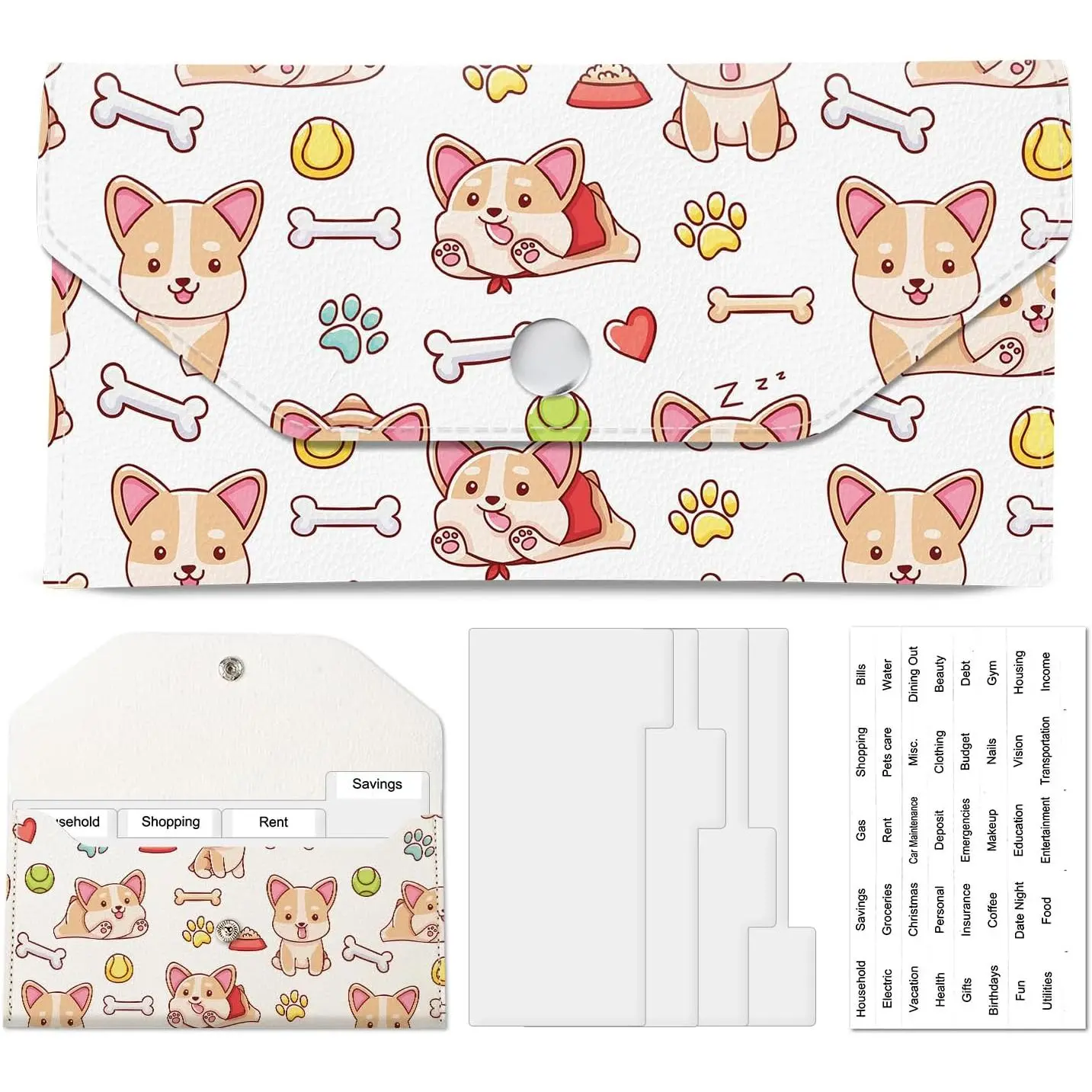 PU Leather Envelope Wallet - Savin Budget Organizer with 4 Dividers, 1 Sheet Budget Stickers, Label Tabs, Snap Button, 8x4 in Cute Corgi Design (Office Personal Planner Accessory)