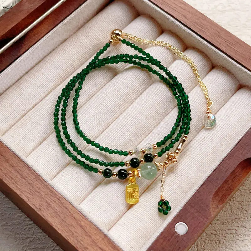 Female 3-Strand Dainty Dark Green Micro Bead Bracelet with Natural Jade, Black Onyx Accent Beads, Gold Fu Character Lucky Pendant, Adjustable Chain, Vintage Daily Wear Jewelry Gift, Three Strands