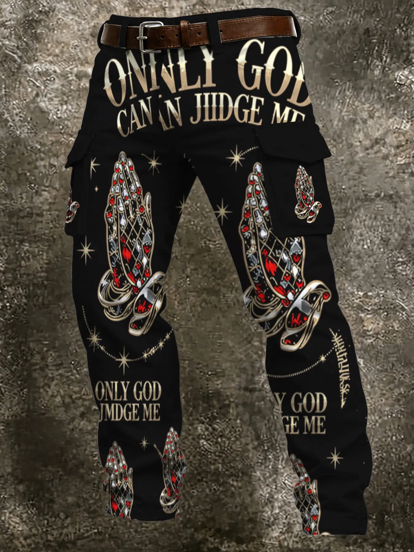Gemstone Prayer Hand Religious Slogan Functional Work Pants, Loose Micro-Conical Hip-Hop Street Commute Dark Youth Long Pants