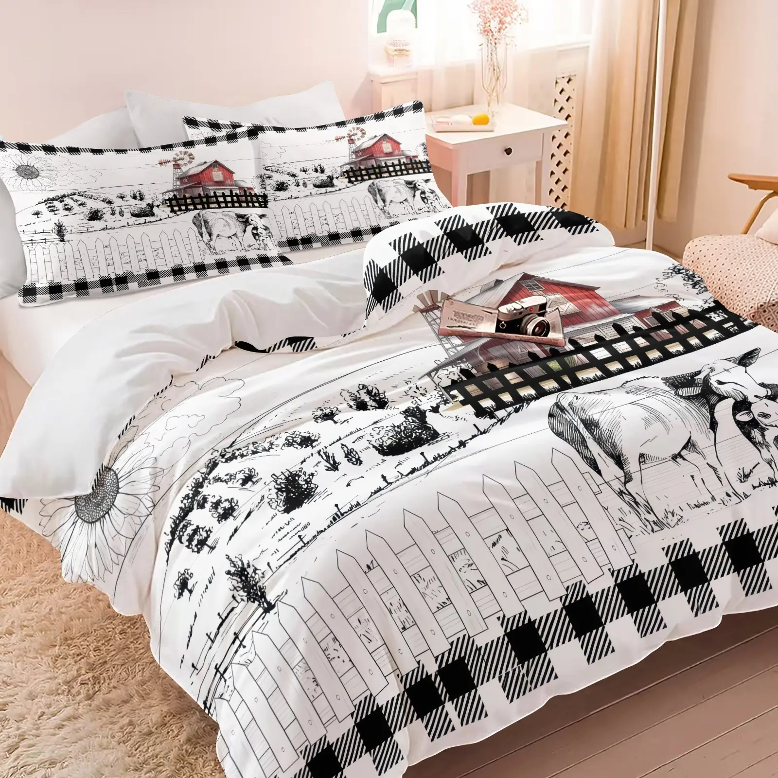 Farm Cow Barn Buffalo Plaid Print Duvet Cover Set, 1 Duvet Cover & 1/2 Pillowcases No Filling, Soft Microfiber Country Rustic Bed Linens, Farmhouse Decor Gift for Country Style Lovers Bedroom Dorm
