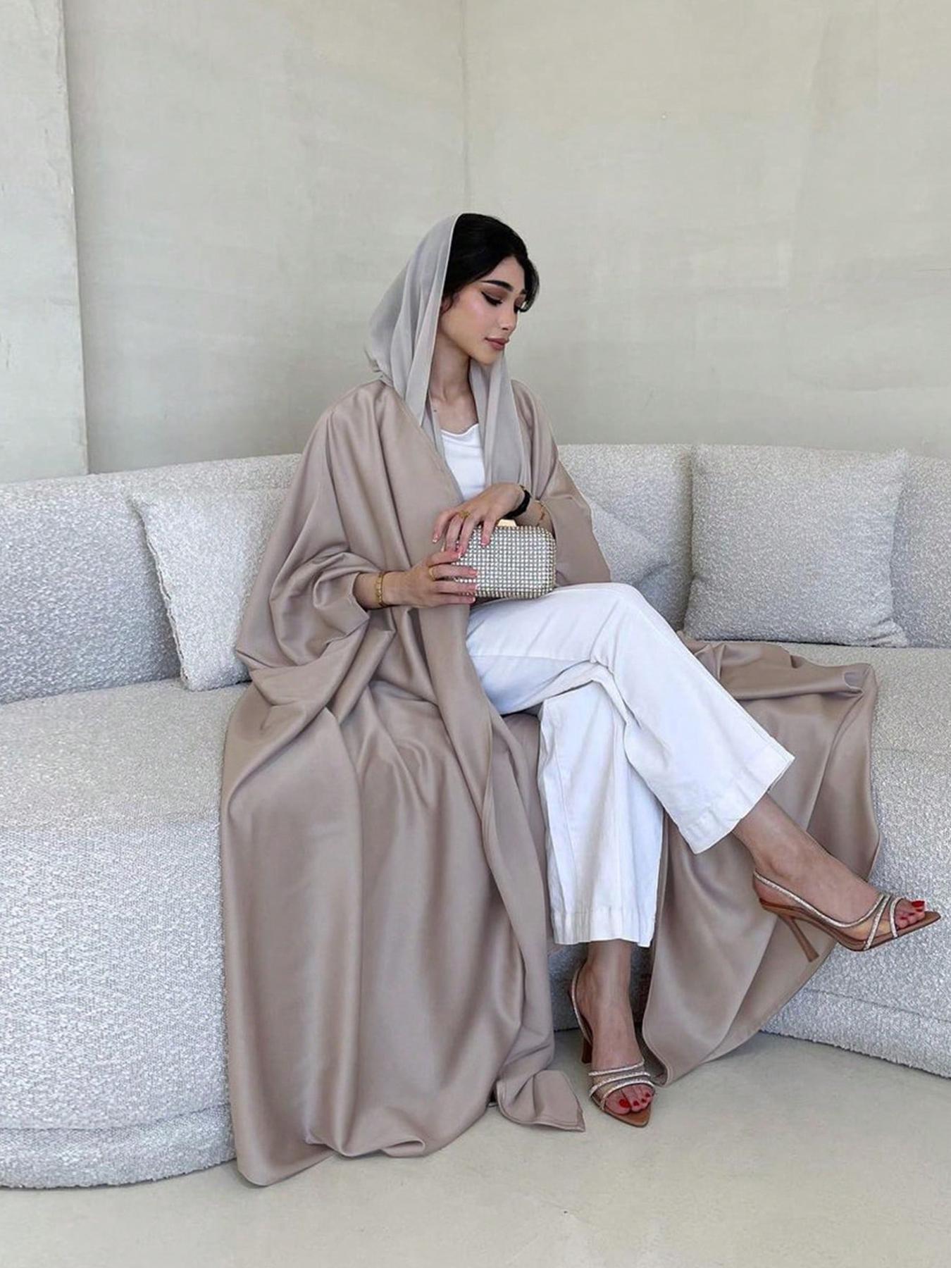 Women's Solid Batwing Sleeve Satin Abaya, Modest Fashion Long Sleeve Open Front Muslim Robe for Daily Wear, Ladies Islamic Clothing for All Seasons, Islamic Modesty Clothes