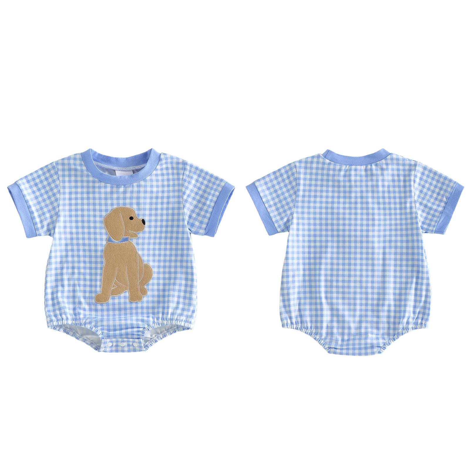 Baby Boy Summer Romper Puppy Embroidery Blue Plaid Crew Neck Short Sleeve Bodysuit Infant Toddler Casual Clothes Outfit