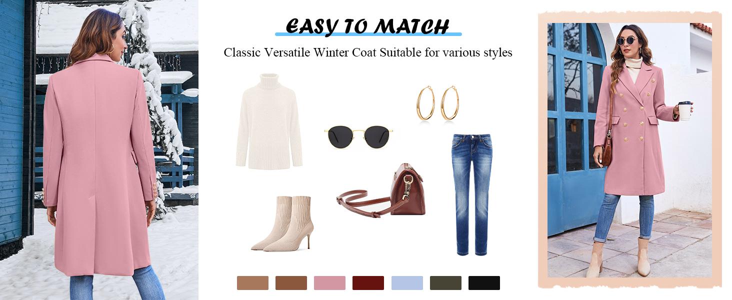 FMEYOA Women's Elegant Notched Collar Double Button Slim Long Wool Blend Pea Coat Jacket