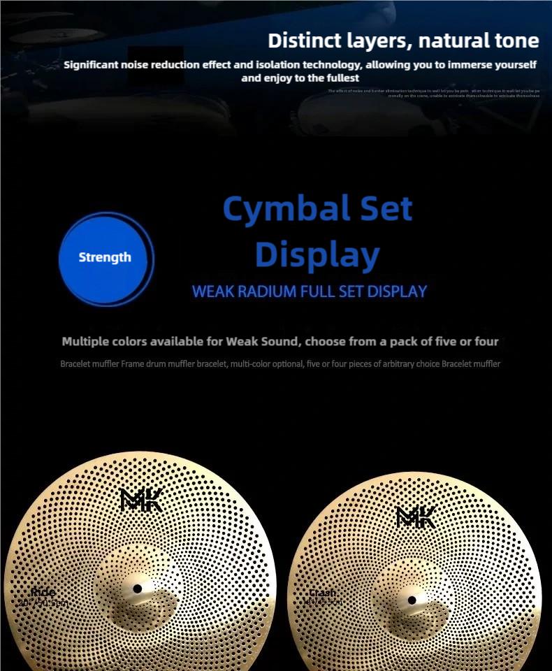 Low Volume Cymbal Pack Mute Cymbal Set 14'Hihats+16"Crash+18'Crash+20"Ride 5 Pieces Silver Drummer Practice uiet Cymbal for Drum Set