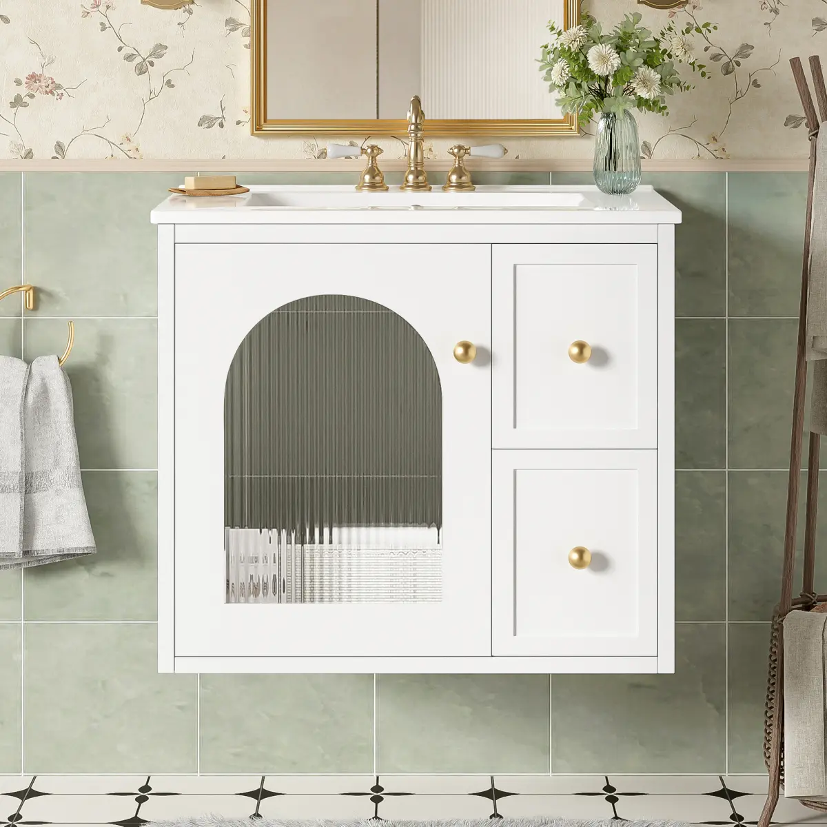 24-Inch White Floating Bathroom Vanity Single Unit - Overflow Ceramic Rectangular Sink, MDF-Rubber Wood Cabinet with Glass Door & 2 Drawers, Minimalist Clean Lines Design for Small Bathrooms