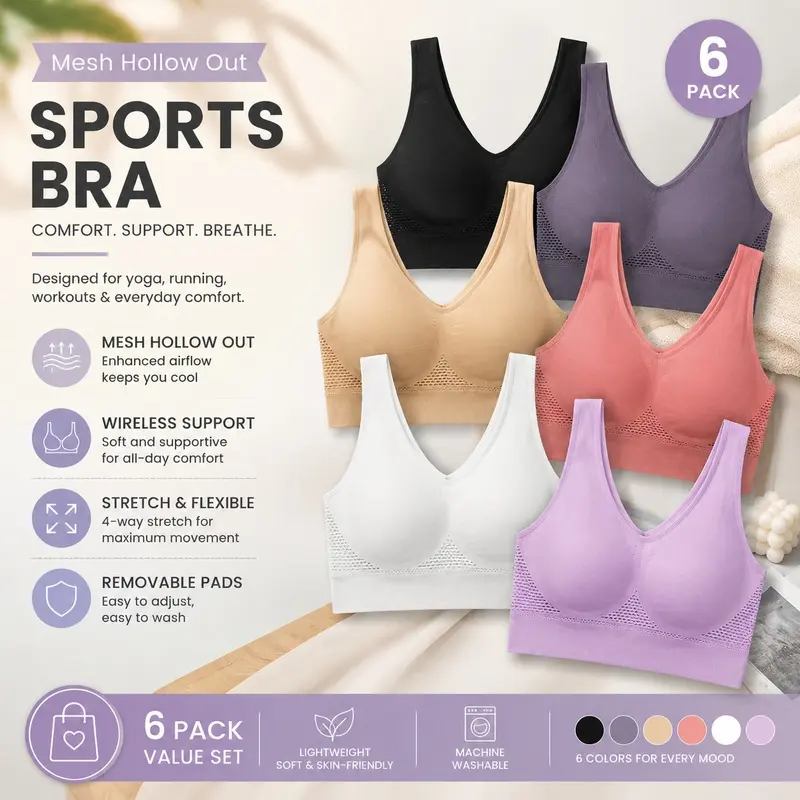 Women’s Seamless Sportswear Bra (6 Pack) - Mesh Hollow Breathable, Wire-Free Full-Coverage Female Workout Bra with Fixed Wide Straps for Yoga Running, Plus Size