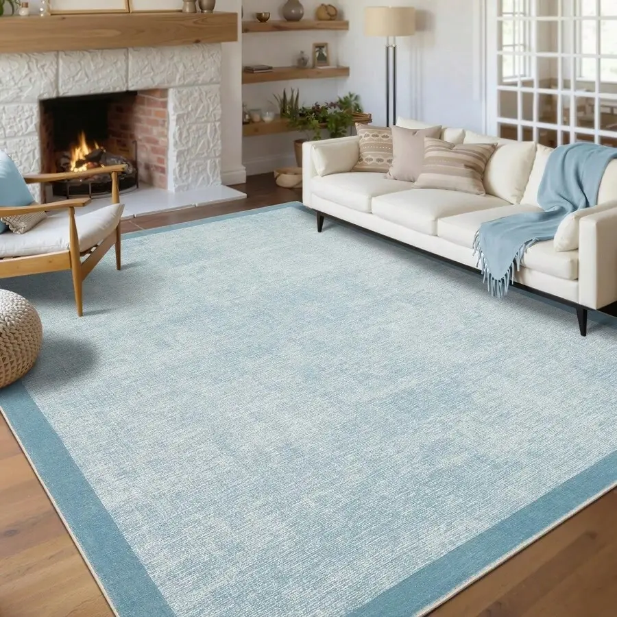 Modern Coastal Look Bordered Edge Area Rug, Light Blue Faux Wool Indoor Carpet, Soft Non-Slip Machine Washable Low Pile Floor Covering, Stain-Resistant Multi-Size Decor for Living Room Bedroom