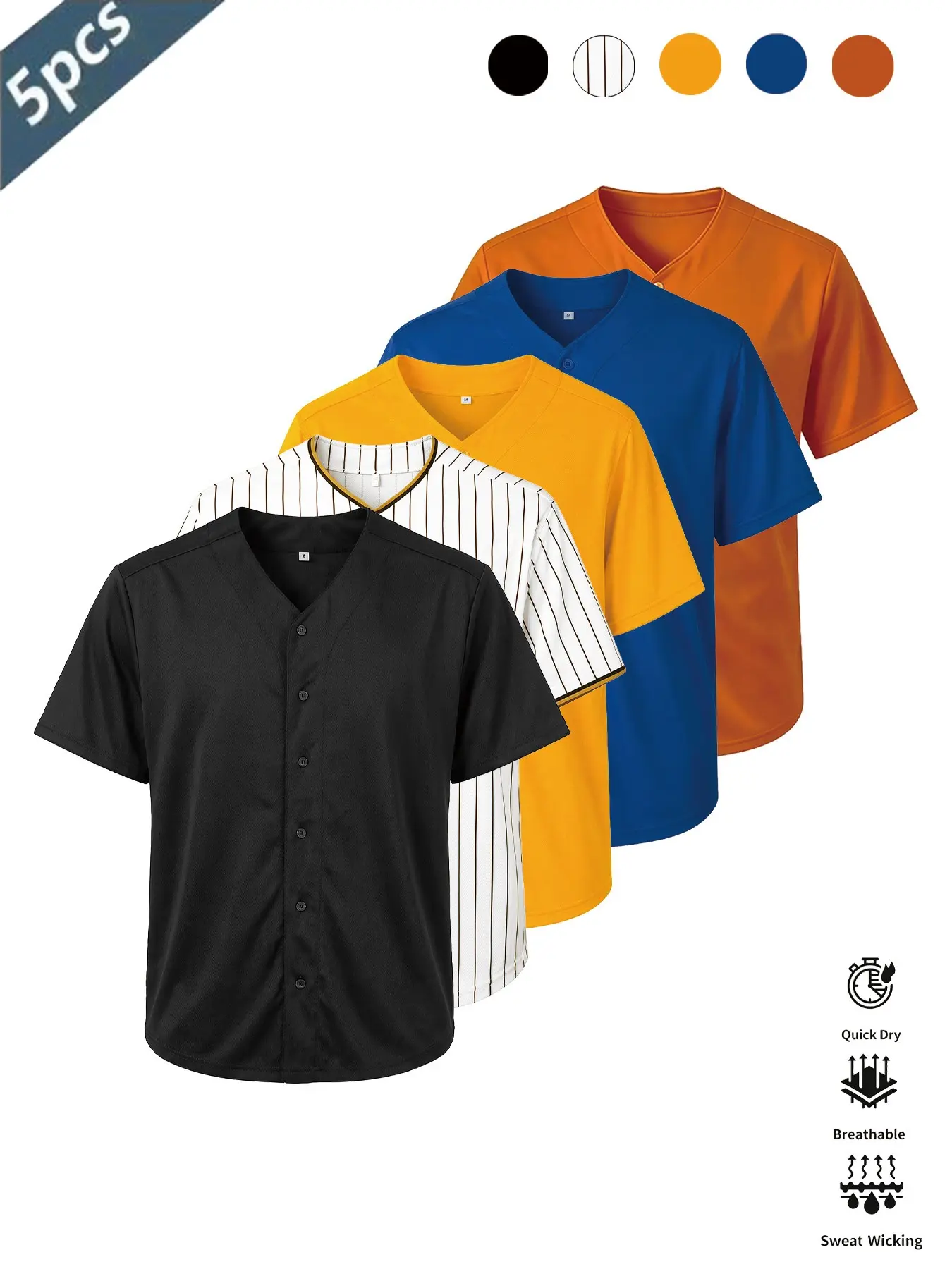 Plain Button Down Baseball Jersey 5 Pack | Breathable Short Sleeve Casual Shirt for Team Training
