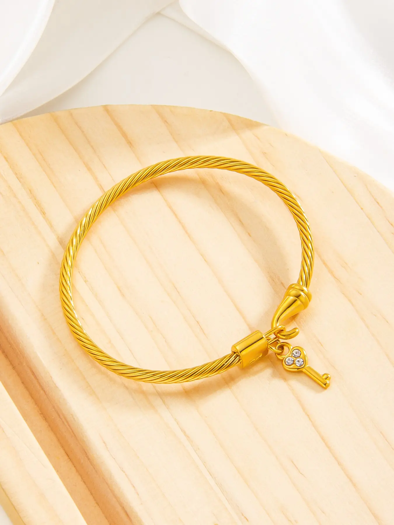Women's Braided Steel Wire Open Bracelet, Mini Lock Pendant with Crystal Key Charm, 18k Silver Color Stainless Steel, Adjustable, Waterproof, Romantic Gift